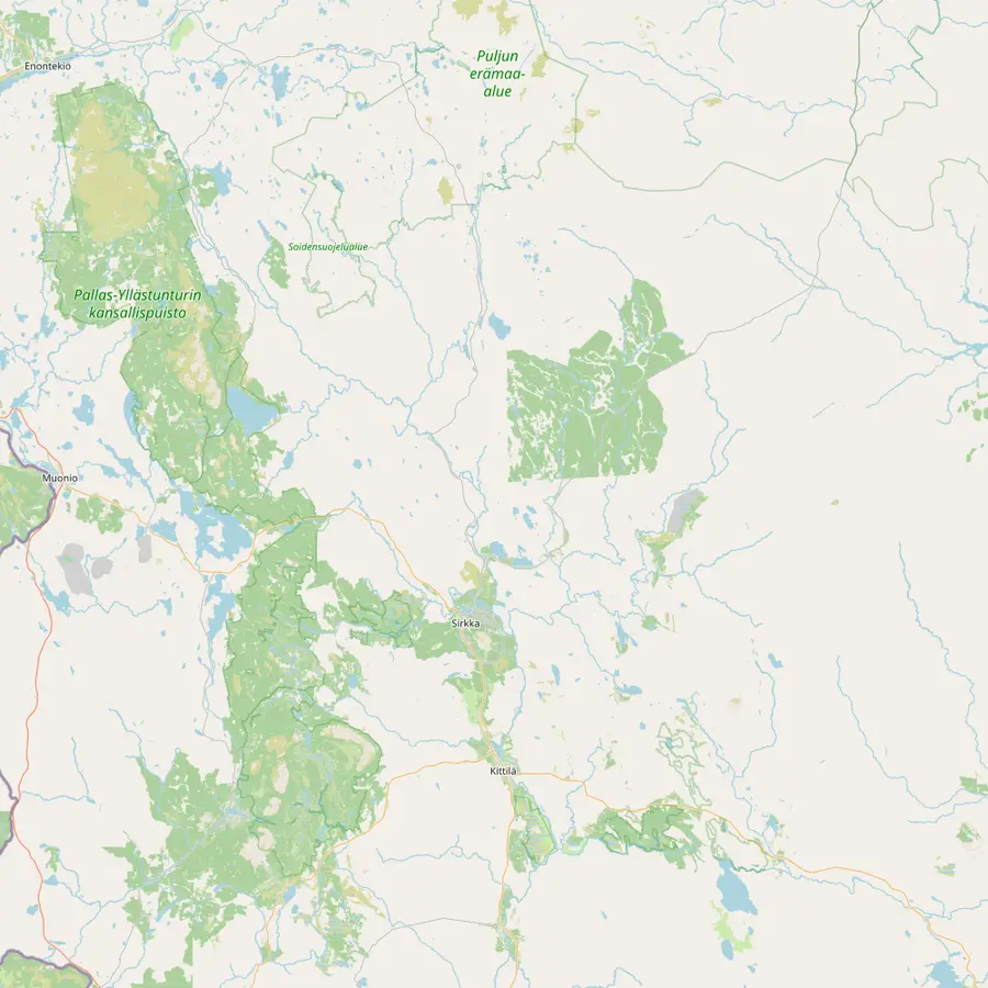 Map of the Kittilä area with Levi, Levi fell, Kittilä airport, Kittilä village, the lake Rautusjärvi and Pulju to the north