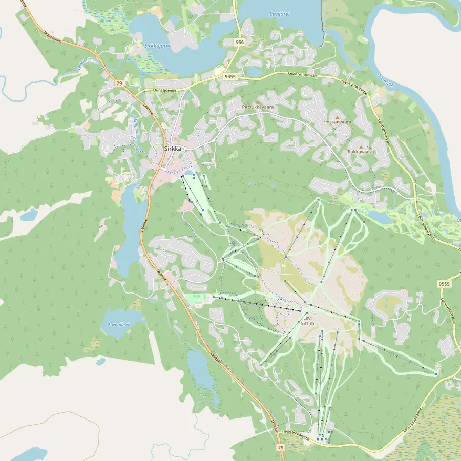 Street map of Levi village at Sirkka with the tourist information office and the ski slopes of Levi fell to the south-east